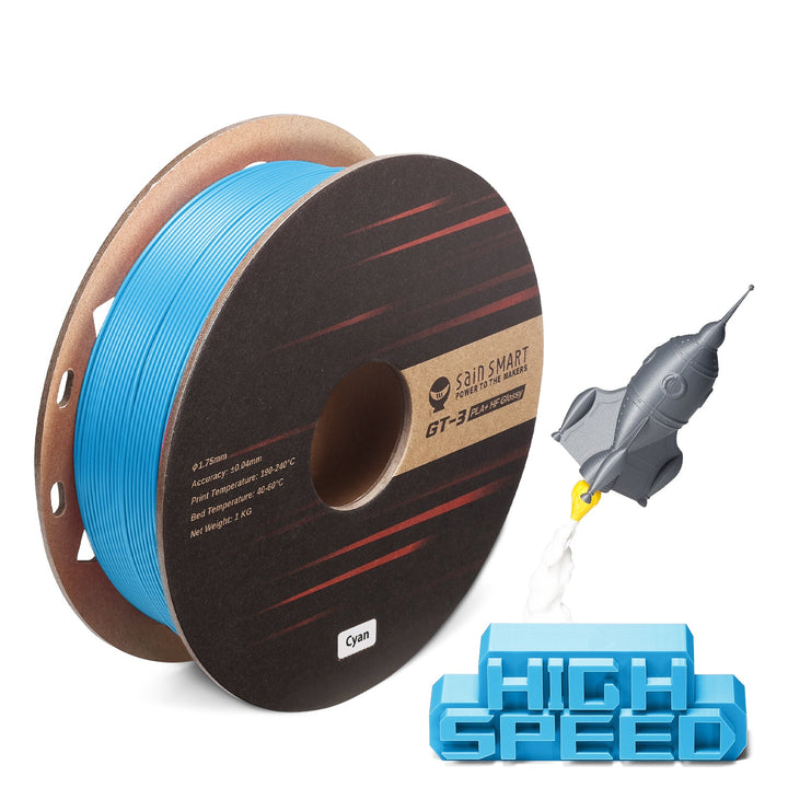 SainSmart GT-3 cyan glossy PLA+ spool and printed samples