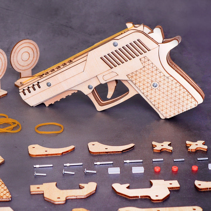 Kitsville Rubber Band Launcher Building Kit — assembled launcher with targets and parts