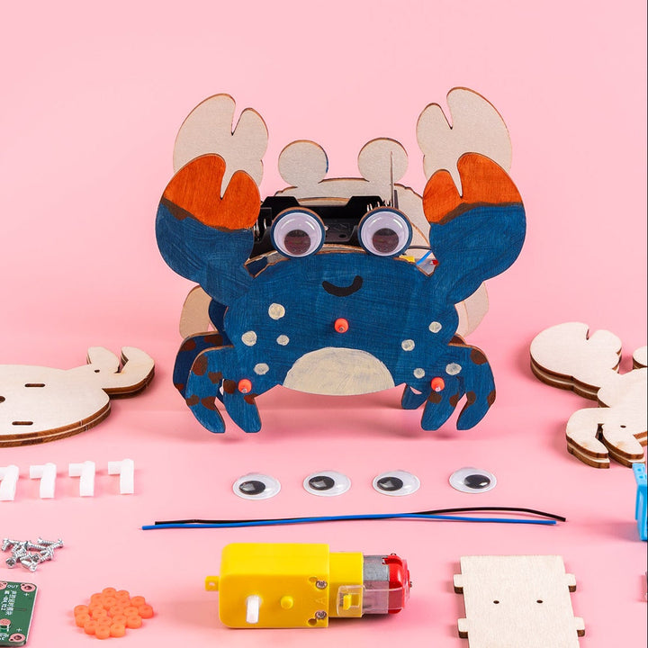 Kitsville Sound-Activated Walking Crab Robot Kit — painted crab with components