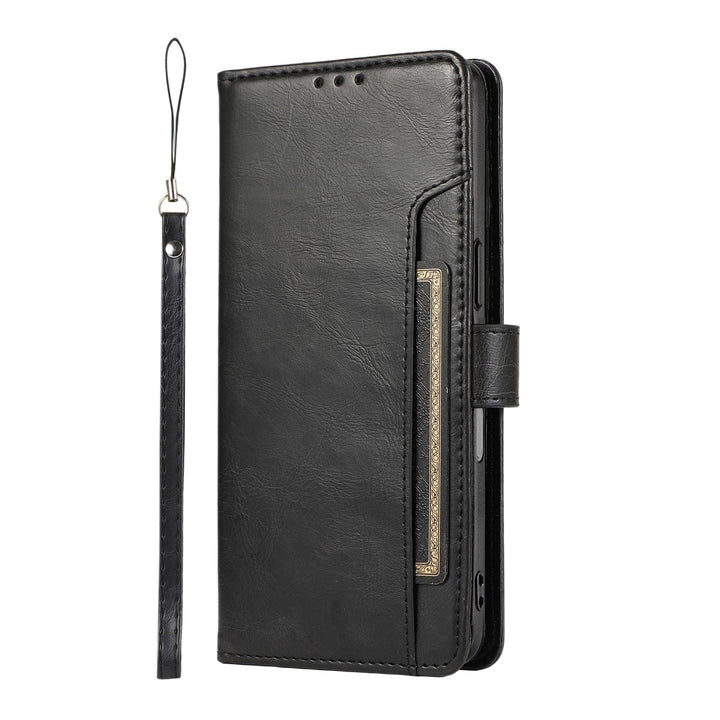 SaharaCase Indy MagSafe-Compatible Leather Folio Wallet Case for iPhone 17 Pro Max — closed wallet and wrist strap