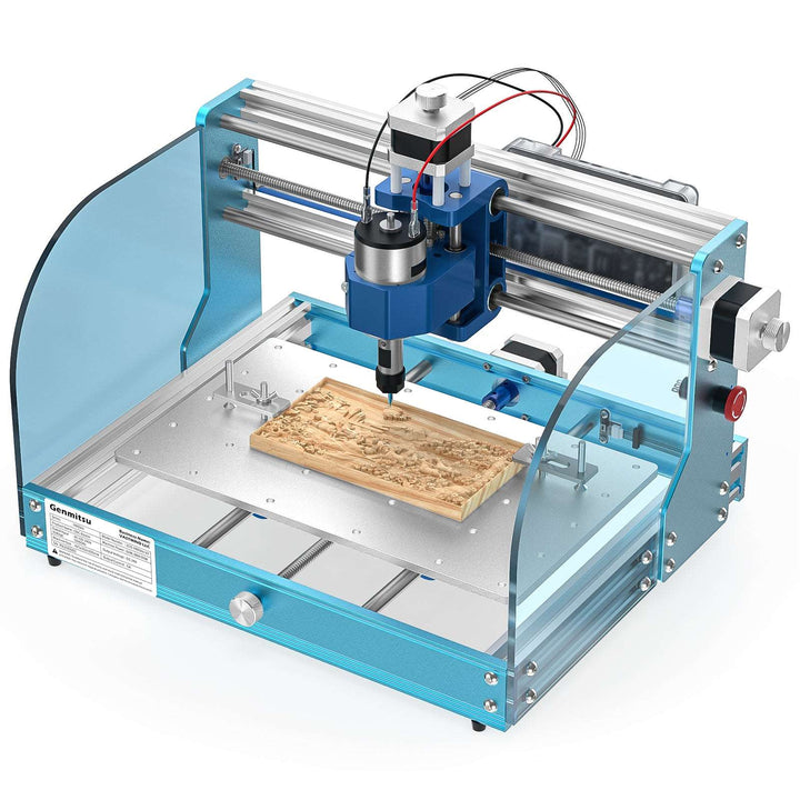 Genmitsu 3018-PROVer V2 desktop CNC router with a wood carving secured to the workbed