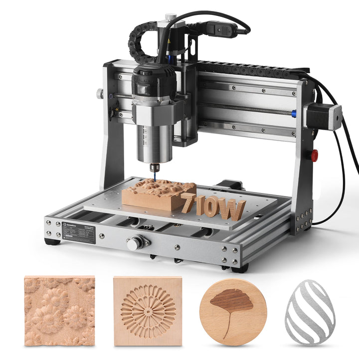 Genmitsu 3020-PRO Ultra CNC router with 710W spindle and example carved projects