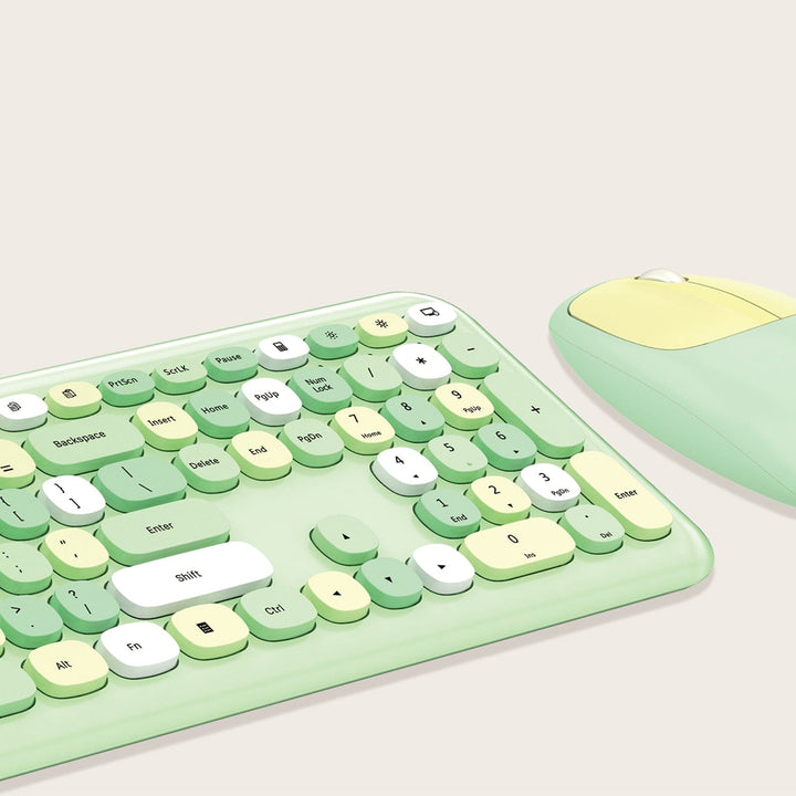 Close-up of SaharaCase KB6 green keyboard rounded keys and matching mouse