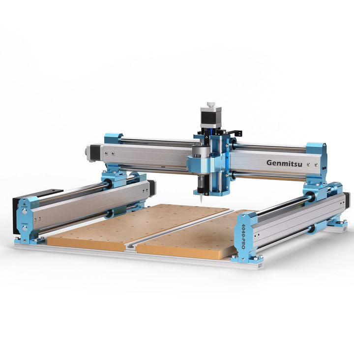 Genmitsu 4040-PRO CNC router with blue frame brackets and reinforced MDF worktable