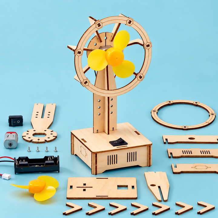 Kitsville ST001: Electric fan model and parts on blue background