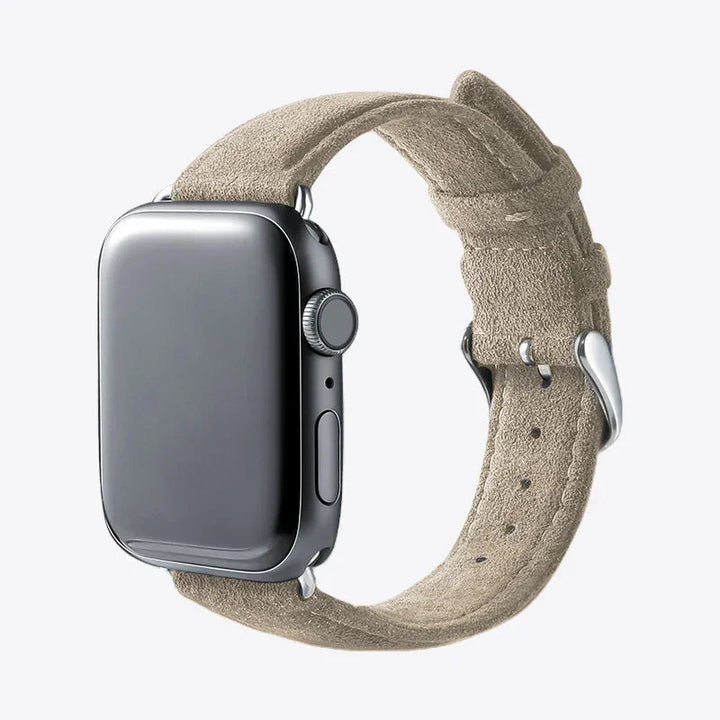Luriax Classic Band Alcantara Apple Watch Band — Malibu Beige — shown attached to Apple Watch