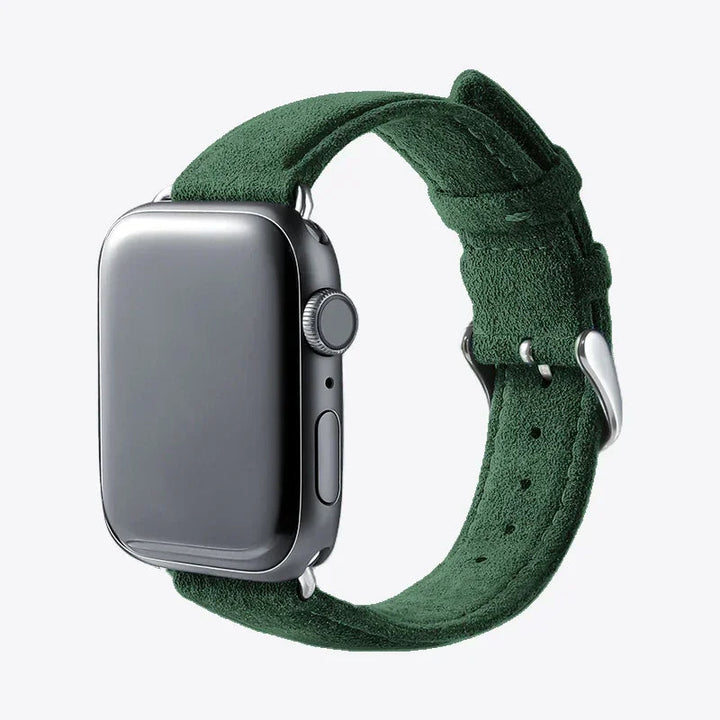 Luriax Classic Band Alcantara Apple Watch Band — British Racing Green — shown attached to Apple Watch