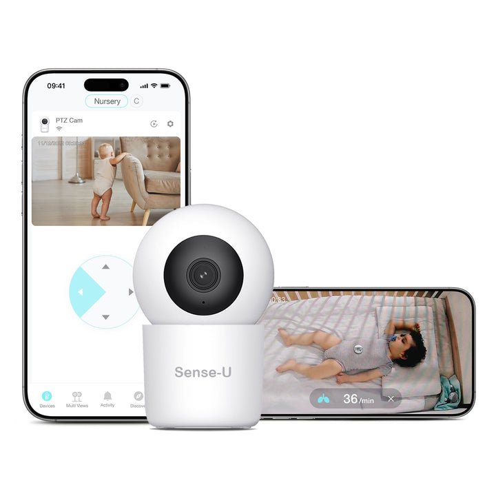 Sense-U PTZ camera beside phone with app controls