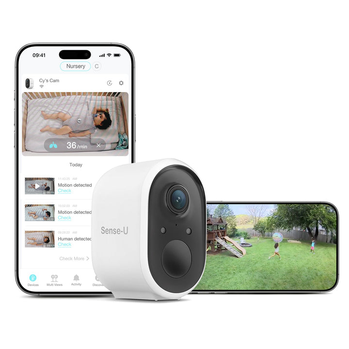 Sense-U Battery camera with indoor and outdoor app views