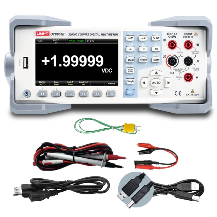 UNI-T UT8805E bench multimeter with pictured test leads, cables and temperature probe