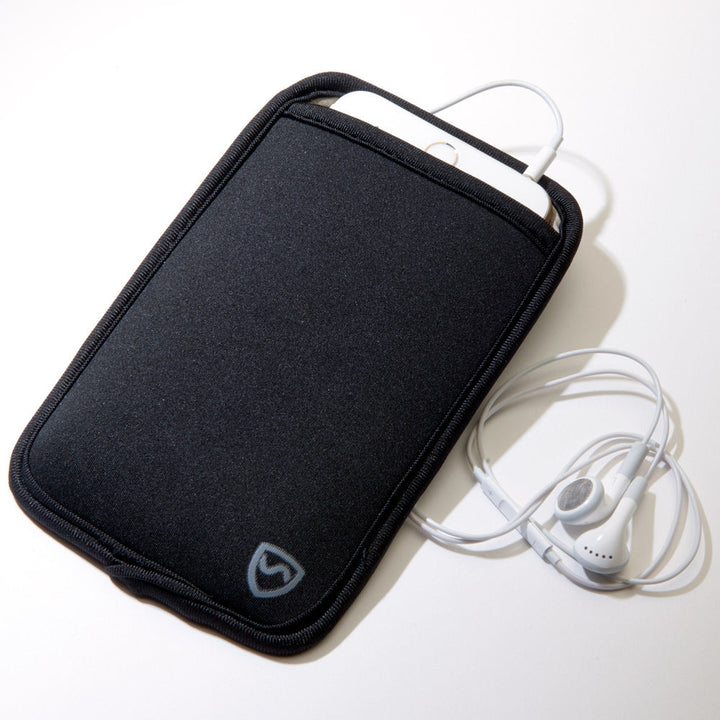 Black SYB Phone Pouch shown with a phone and wired earphones, not included