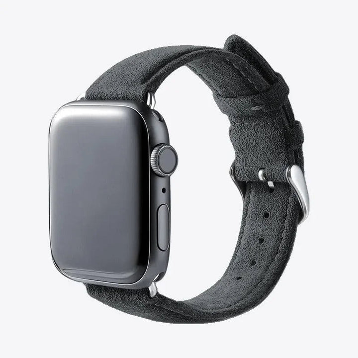 Luriax Classic Band Alcantara Apple Watch Band — Black Caviar — shown attached to Apple Watch