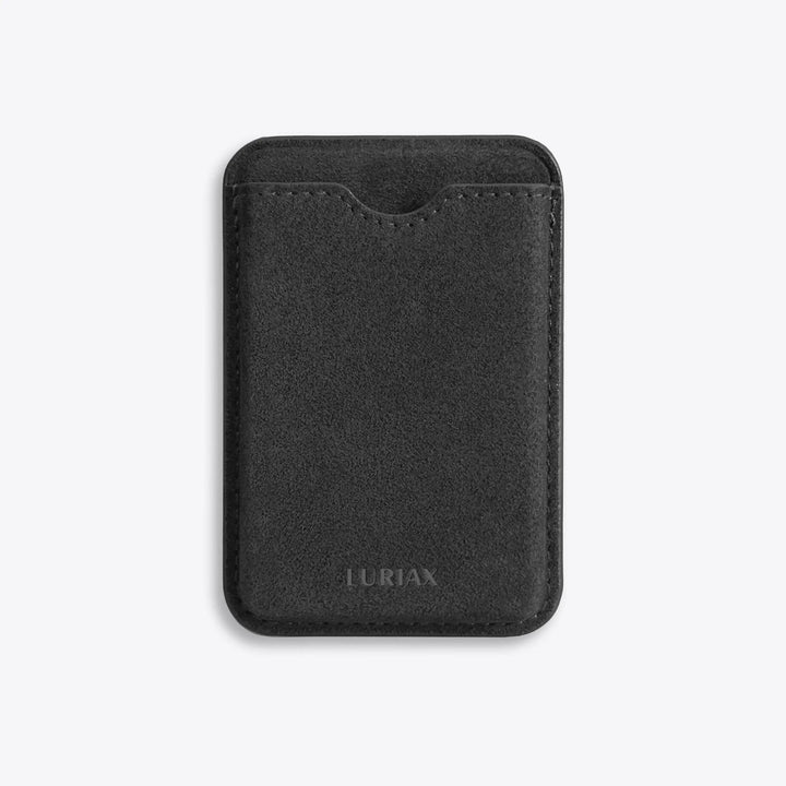 Luriax Alcantara MagSafe Wallet — Black Caviar — front card-pocket view