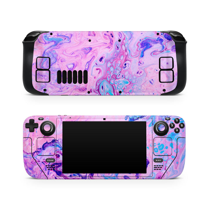 DecalGirl Bubble Bath skin shown on the front and back of a Valve Steam Deck