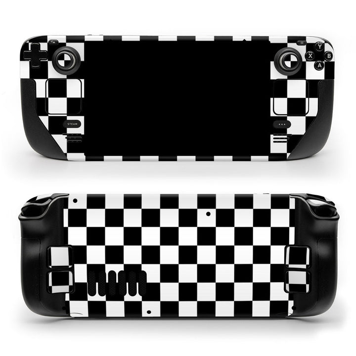 DecalGirl Checkers skin shown on the front and back of a Valve Steam Deck