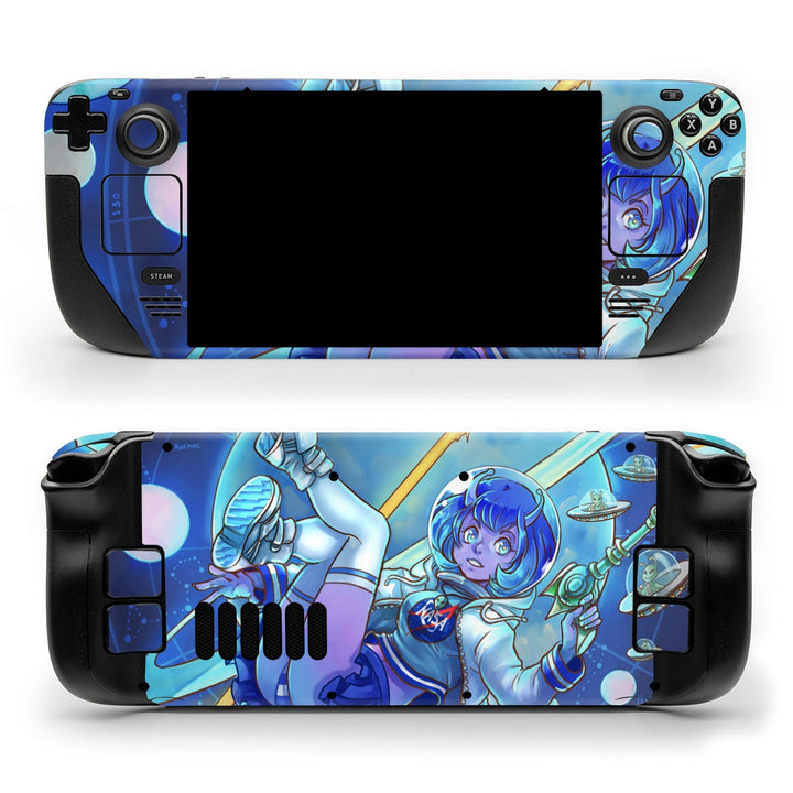 DecalGirl We Come in Peace skin shown on the front and back of a Valve Steam Deck