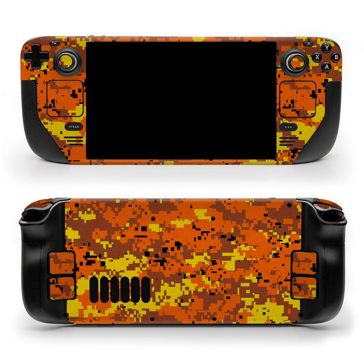 DecalGirl Digital Orange Camo skin shown on the front and back of a Valve Steam Deck