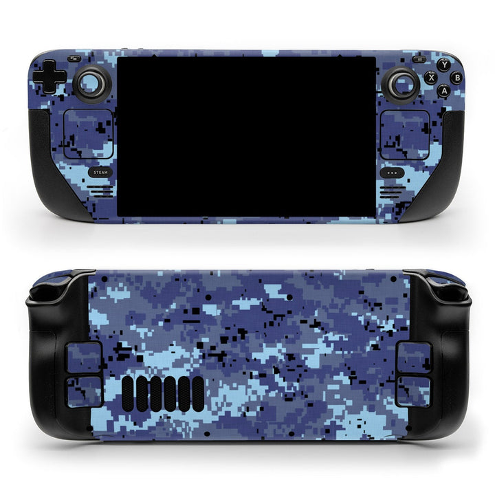 DecalGirl Digital Sky Camo skin shown on the front and back of a Valve Steam Deck
