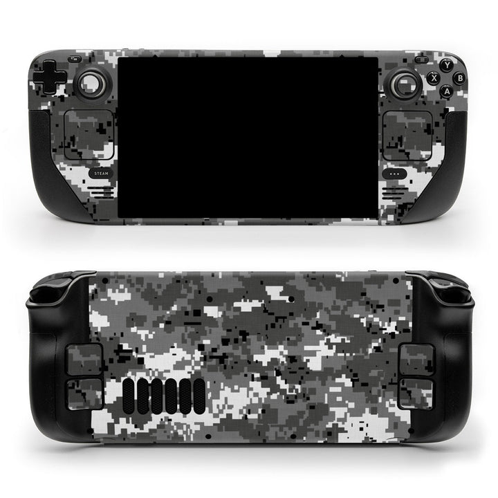DecalGirl Digital Urban Camo skin shown on the front and back of a Valve Steam Deck