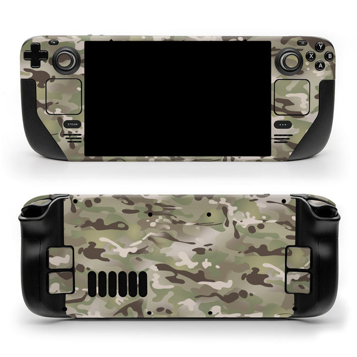 DecalGirl FC Camo skin shown on the front and back of a Valve Steam Deck