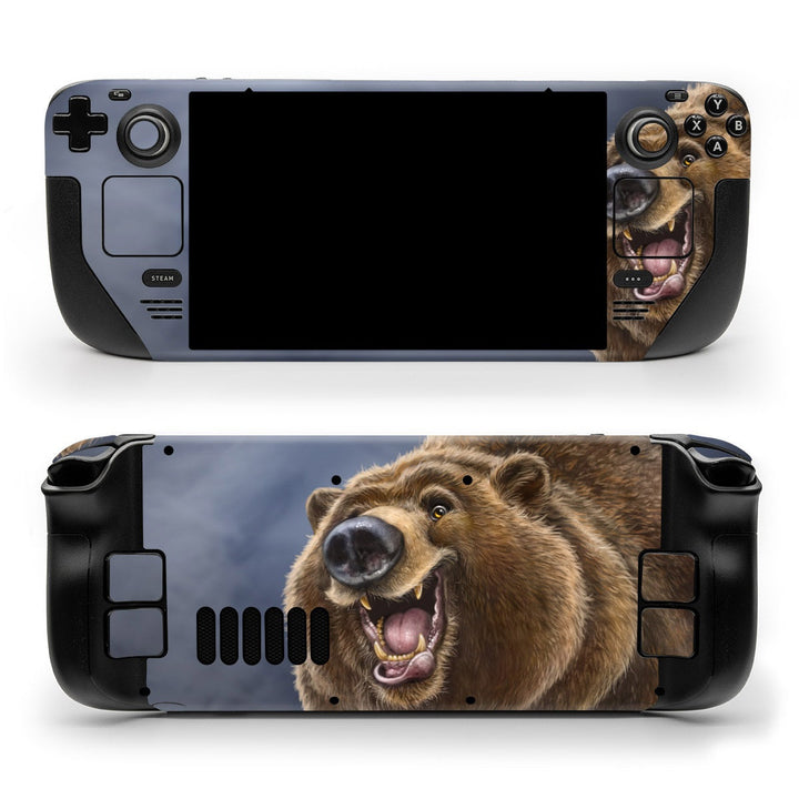 DecalGirl Hey Bear skin shown on the front and back of a Valve Steam Deck