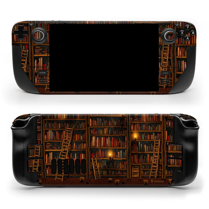 DecalGirl Library skin shown on the front and back of a Valve Steam Deck