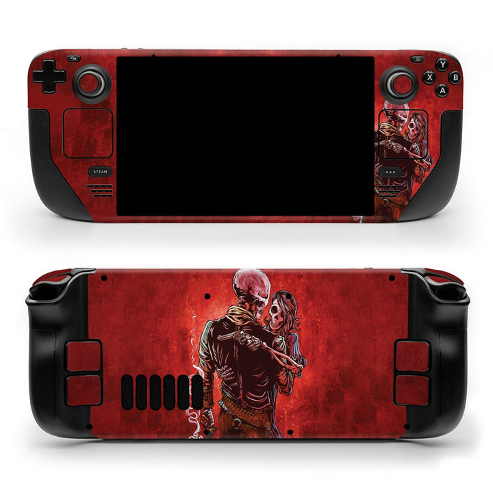 DecalGirl Love, Trust, and a Revolver skin shown on the front and back of a Valve Steam Deck