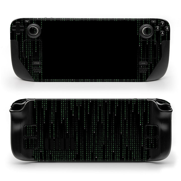 DecalGirl Matrix Style Code skin shown on the front and back of a Valve Steam Deck