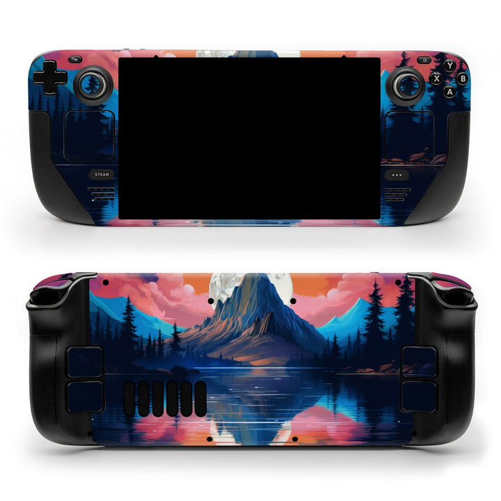 DecalGirl Mountain Moonrise skin shown on the front and back of a Valve Steam Deck