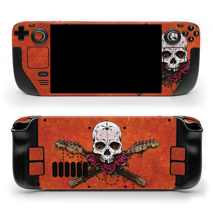 DecalGirl Music Saves Your Soul skin shown on the front and back of a Valve Steam Deck