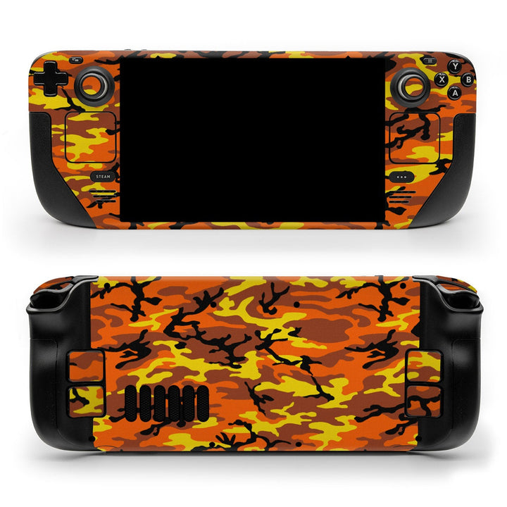 DecalGirl Orange Camo skin shown on the front and back of a Valve Steam Deck