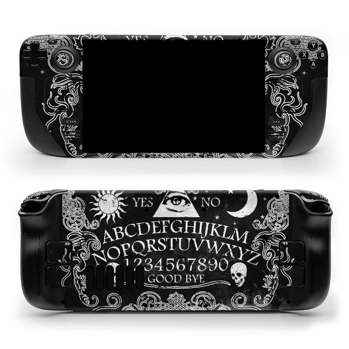 DecalGirl Ouija skin shown on the front and back of a Valve Steam Deck