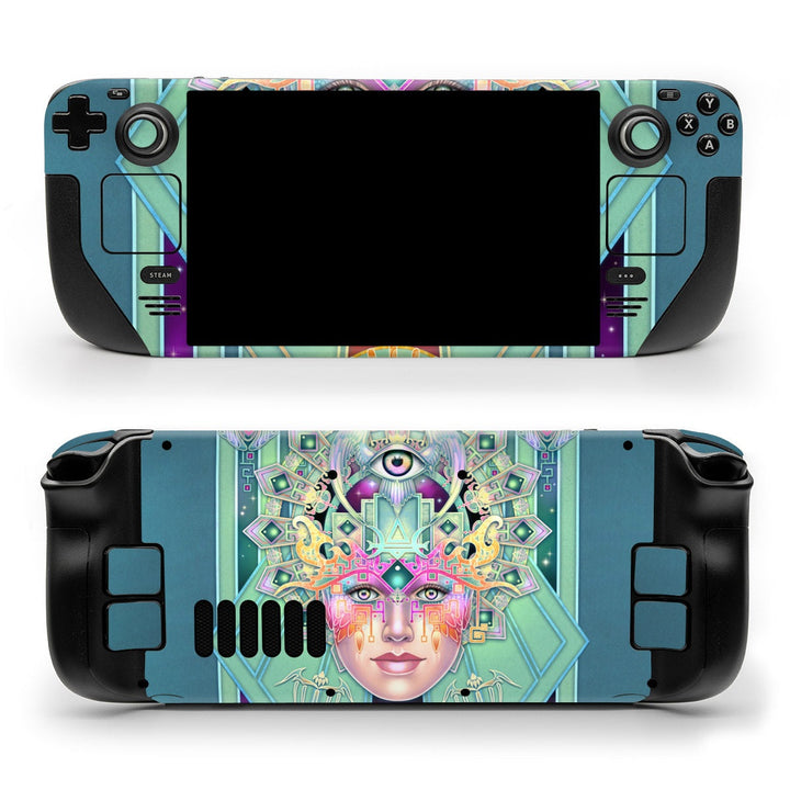 DecalGirl Queen Gratitude skin shown on the front and back of a Valve Steam Deck