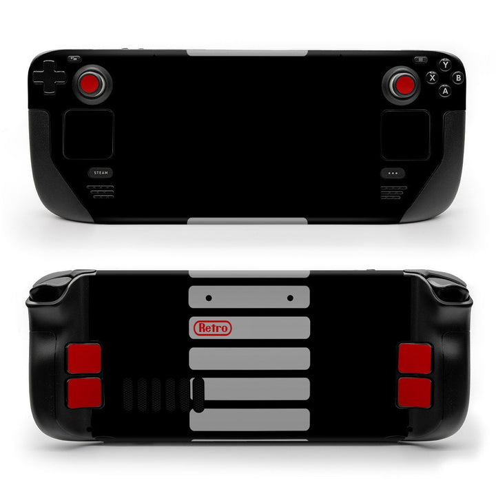 DecalGirl Retro skin shown on the front and back of a Valve Steam Deck