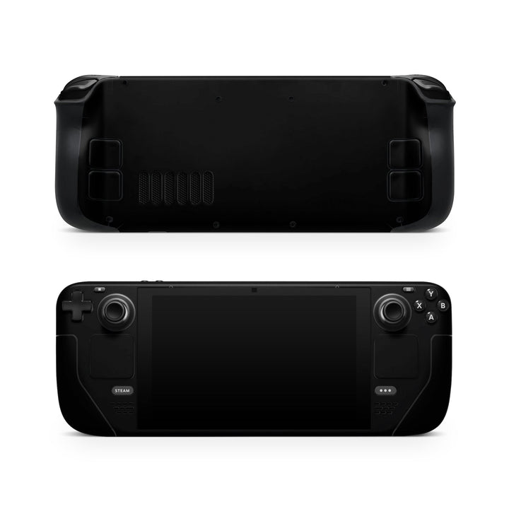 DecalGirl Solid State Black skin shown on the front and back of a Valve Steam Deck