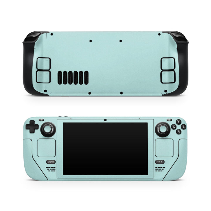 DecalGirl Solid State Mint skin shown on the front and back of a Valve Steam Deck