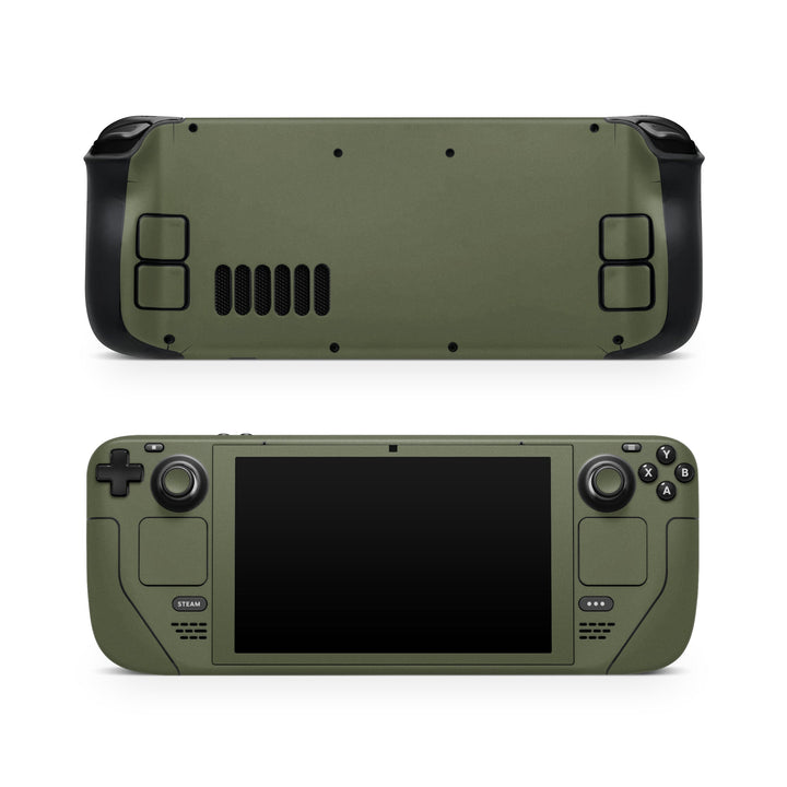 DecalGirl Solid State Olive Drab skin shown on the front and back of a Valve Steam Deck