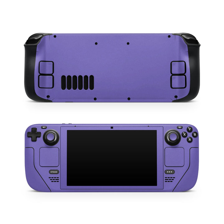 DecalGirl Solid State Purple skin shown on the front and back of a Valve Steam Deck