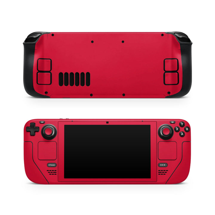 DecalGirl Solid State Red skin shown on the front and back of a Valve Steam Deck