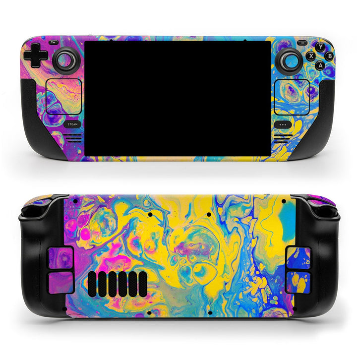 DecalGirl Unicorn Vibe skin shown on the front and back of a Valve Steam Deck