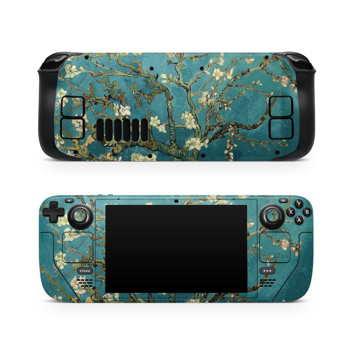 DecalGirl Blossoming Almond Tree skin shown on the front and back of a Valve Steam Deck
