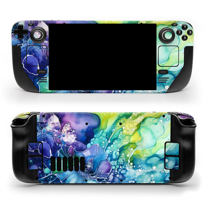 DecalGirl Watercolor Flora skin shown on the front and back of a Valve Steam Deck