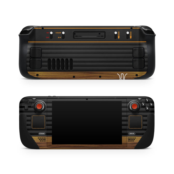 DecalGirl Wooden Gaming System skin shown on the front and back of a Valve Steam Deck