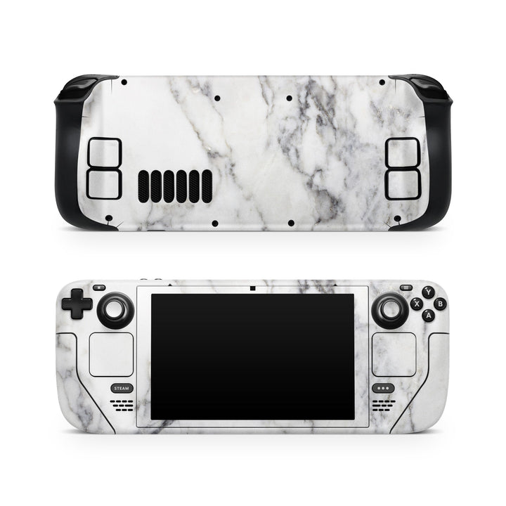 DecalGirl White Marble skin shown on the front and back of a Valve Steam Deck