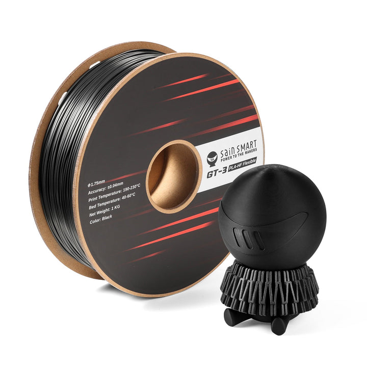 SainSmart GT-3 black flexible PLA spool with a printed figure