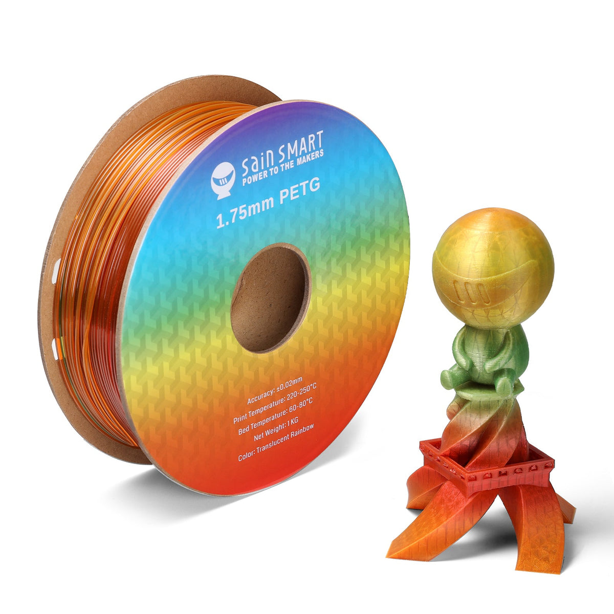 Translucent rainbow PETG spool with example printed decorations