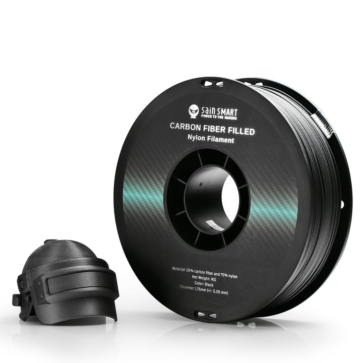 Black SainSmart carbon-fiber nylon filament spool with a printed sample