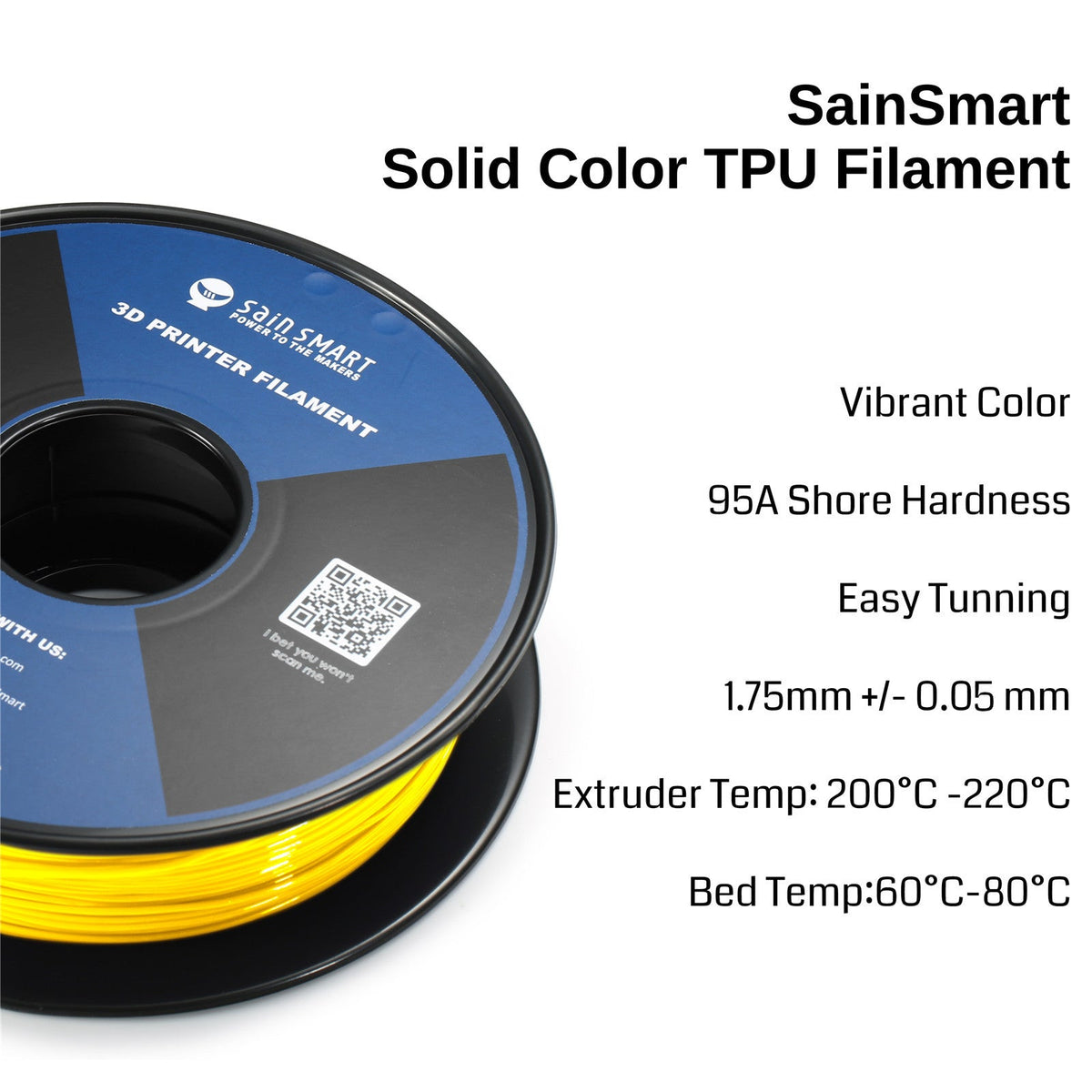 SainSmart solid-color TPU specification graphic showing 95A hardness and 1.75mm diameter