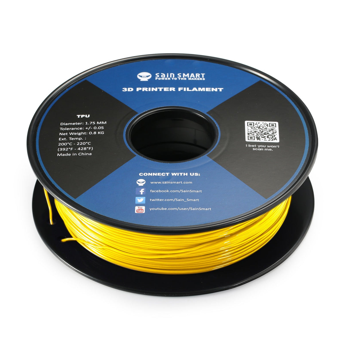 Angled view of the SainSmart Neon Yellow TPU filament spool