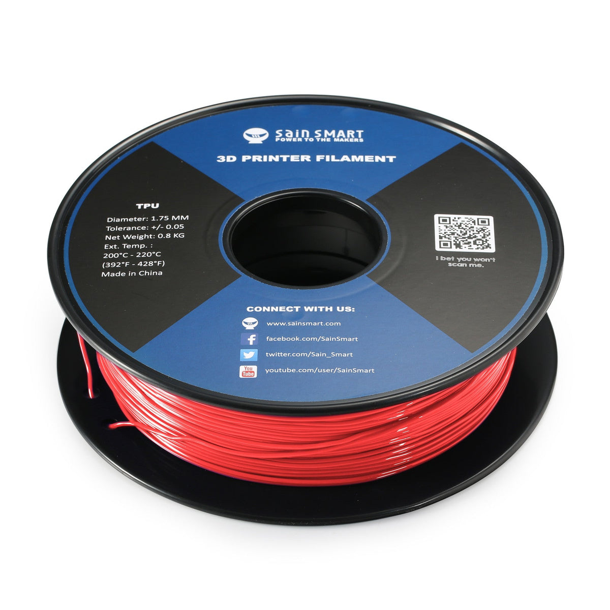 SainSmart neon scarlet TPU filament spool viewed from above